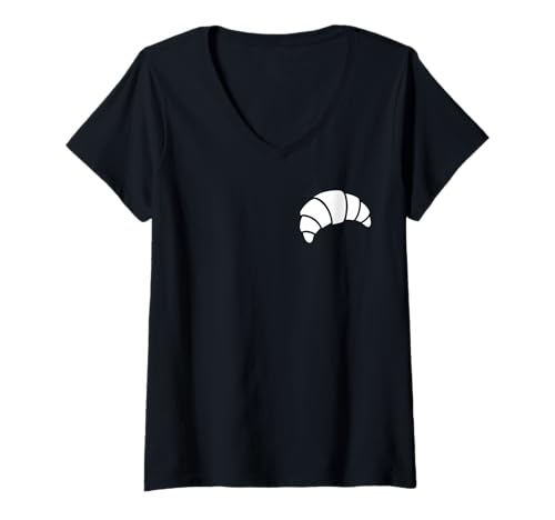 Damen Minimalistische Croissant-Silhouette - Stilvoller Gebäckliebhaber T-Shirt mit V-Ausschnitt Damen Minimalistische Croissant-Silhouette - Stilvoller Gebäckliebhaber T-Shirt mit V-Ausschnitt von Mochalino