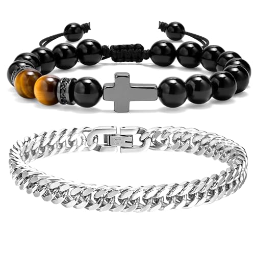 Mochity 2 Stücke Herren Armband Edelstahl 316L, Männer Armband 21cm, Armband Herren Silber,Silberarmband Herren, Herrenarmband Gold, Schwarz Armbänder Für Herren, Männer (Stil B, Silber) von Mochity