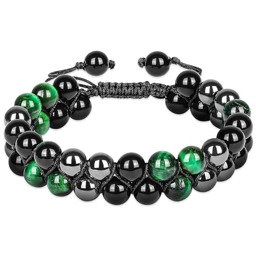 Mochity Armband Herren Perlen, Chakra Armband Echte Steine Für Männer, Geflochtenes Armbands Verstellbares, Lavastein Turmalin Armbands Obsidian Vulkanisch Blau Tigerauge (E) von Mochity