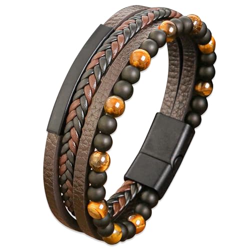 Mochity Herren Armbänder, 316L Edelstahl Echtleder Armband, Naturstein Geflochten Armband Schwarz Braun Blau (Braun) von Mochity