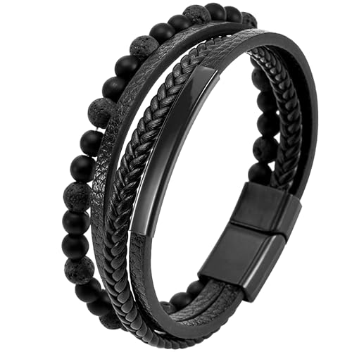 Mochity Herren Armbänder, 316L Edelstahl Echtleder Armband, Naturstein Geflochten Armband Schwarz Braun Blau (Schwarz) von Mochity