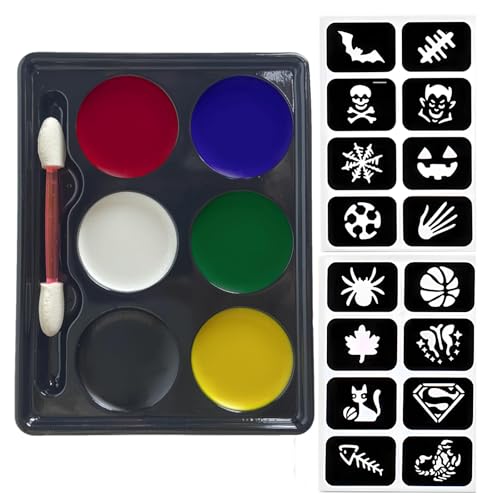 Kinderschminken Set, 6 Farben Face Painting Palette mit 1 Pinsel und 16 Schablonen, Waschbare Gesichtsfarben für Erwachsene Kinder Fasching Halloween Karneval, Ungiftige Bodypainting Farben von MockTota