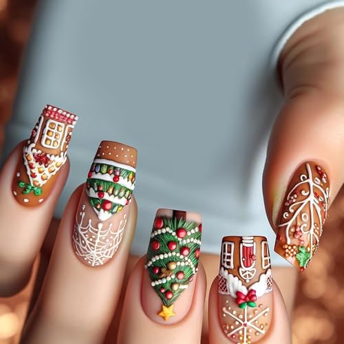 Festliche 24 Pcs Presse Auf Nägeln Mit Weihnachtsbaum Und Obstmustern Acryl Vollbezüge Heben Sich Für Frauen Festliche Nageldesigns An. von Mocoocouture