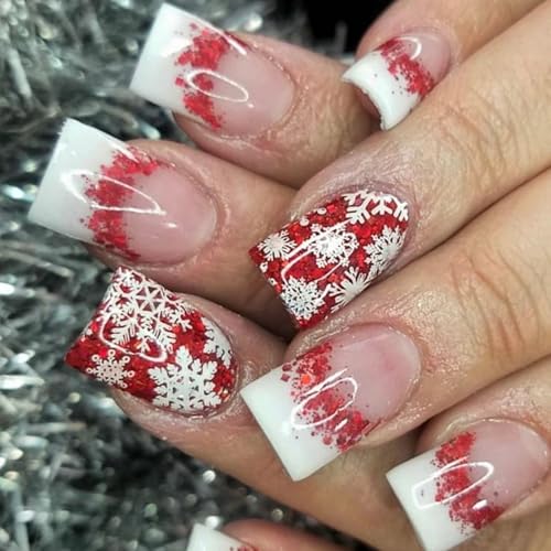 Kurzquadratische Falsche Nägel Französische Falsche Nägel Vollbezüge Kleben Auf Weihnachten Presse Für Frauen Mädchen Französische Weihnachten Presse Short Square von Mocoocouture