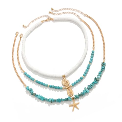 Mocoocouture 3pcs Vintage Sea Star Und Muschel Anhänger Neckketten Modische Geschichtete Halsketten Mehrschichtige Kastellie Fashion Schmuck Imitation Perlen Schmuck von Mocoocouture