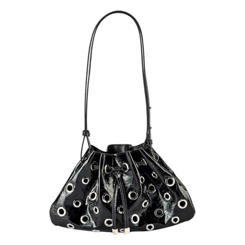 Mocoocouture Auffällige Eimerbeutel Kordelschnüre Schulter Hohl Nieten Design Metallic PU Leder Kompakte Achselbeutel Hohle Nieten Schulter von Mocoocouture