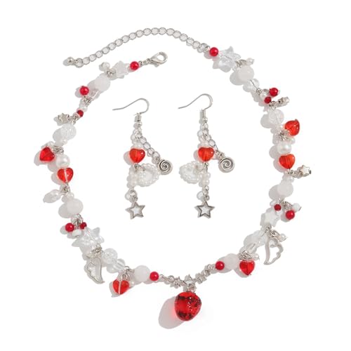 Mocoocouture Nachahmung Perlen Choker Halskette Und Ohrringe Erdbeer/Herz Anhänger Schmuck Set Accessoires Für Frauen Und Mädchen Stilvolle Härte Für Mädchen von Mocoocouture