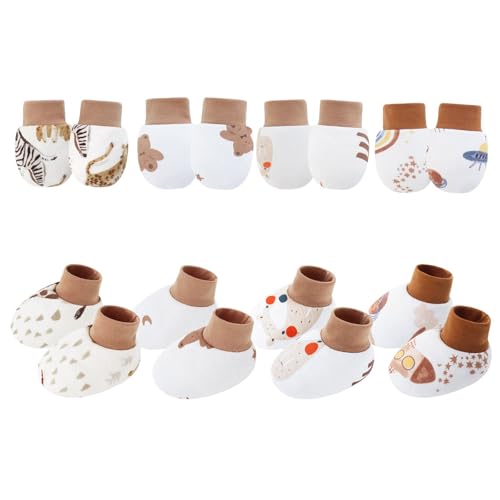 Mocoocouture Set Von 4 Säuglingsbaumwollhandschuhen Anti Scratch Hand Bedeckt Weiche Atmungsaktive Warme Handschuhe Und Socken Für 0-6m Jungen Mädchen von Mocoocouture