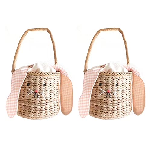 Mocturnity 2 x Rattan-Eimer-Tasche für Kinder und Erwachsene, Strandtasche aus Stroh, Schultertasche mit Hasenohren von Mocturnity
