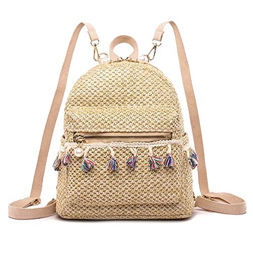 Mocturnity Damen Rucksack Teen MäDchen Strand Stroh Gewebte Quaste Weiblich Einschulterig Schul Tasche Khaki von Mocturnity