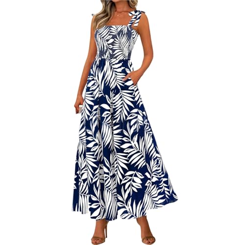 Mocturnity Damen Sommer Ärmellos Gesmokt Maxikleid Boho Spaghettiträger A-Linie Fließend Strand Langes Sommerkleid Dunkelblau L von Mocturnity