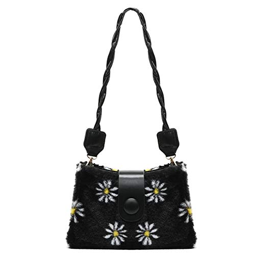 Mocturnity Schultertasche mit Gänseblümchen-Design, modische Tasche für Damen, mit Plüschklappe, tägliche Handtasche, Handtasche mit gewebtem Riemen (schwarz) von Mocturnity