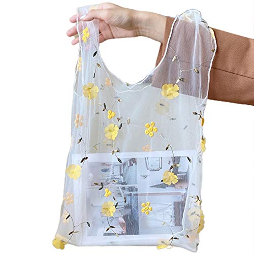 Mocturnity Weibliche Blumenstickerei Handtasche Organza Casual Tote Mesh Einkaufstaschen Frauen Handtaschen Gelb von Mocturnity