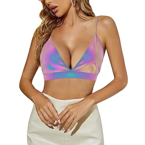 Mocure Damen Crop Tops Tank Metallic Reflektierend Holographic Tank Top für Rave Festival Club, Crop Top mit V-Ausschnitt, Violett, Klein von Mocure