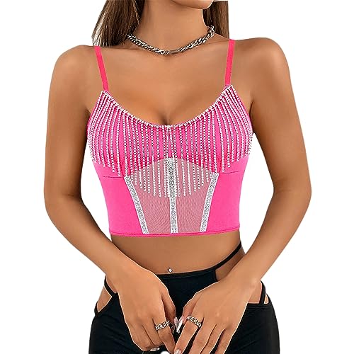 Mocure Damen Strass Quaste Bustier Crop Top Sexy Sheer Mesh Spaghettiträger Tank Top Rave Party Clubwear, Rosenrot -03991, S von Mocure