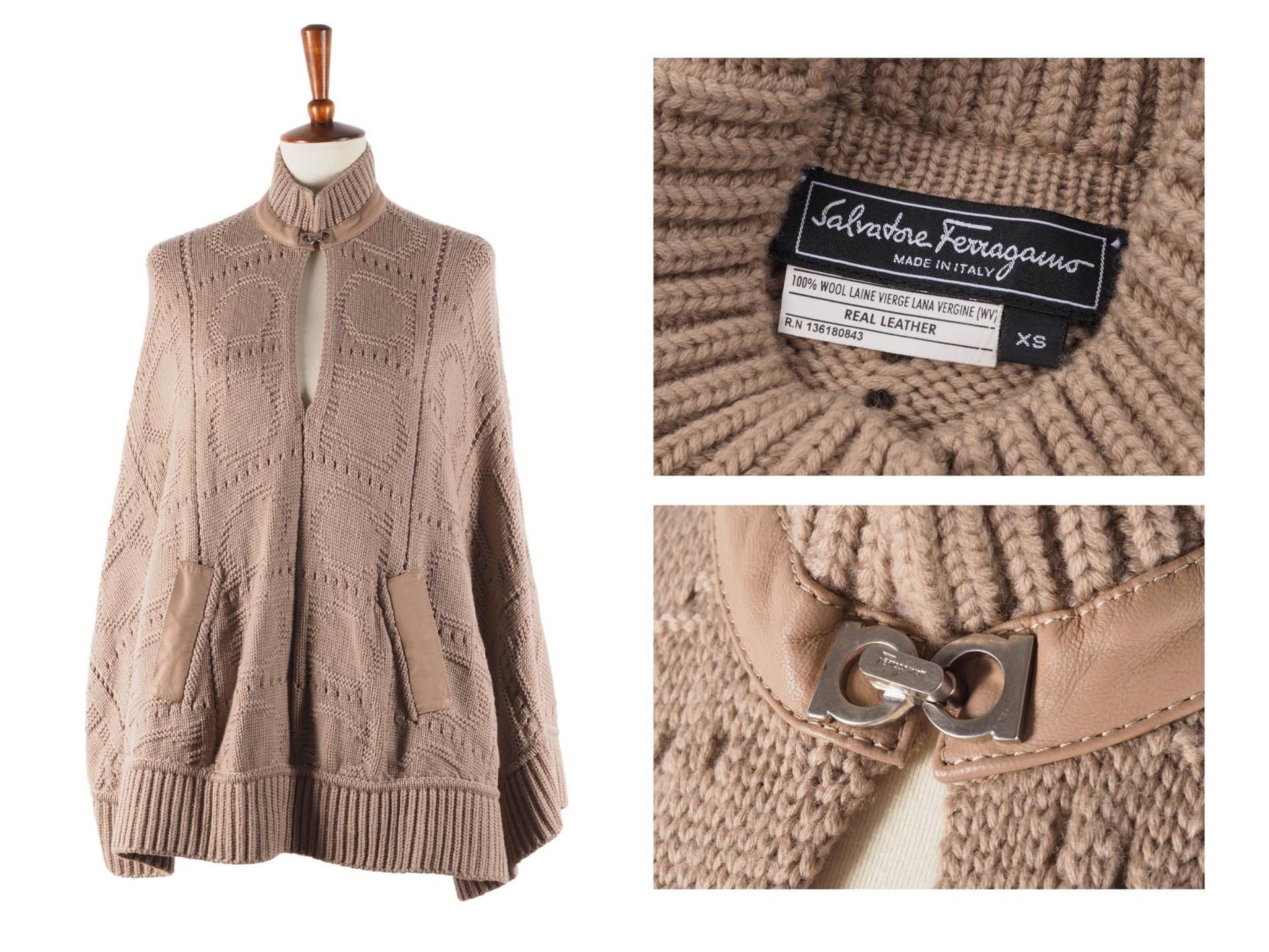 Salvatore Ferragamo Wolle Lederpullover Cardigan Overcoat Xs S M Oversized von ModDept