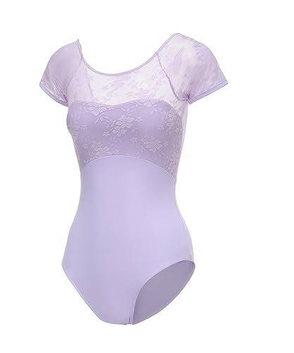 ModLatBal Damen Basic Kurzarm Trikot für Ballett Tanz Gymnastik, Lavendel/Spitze, S von ModLatBal