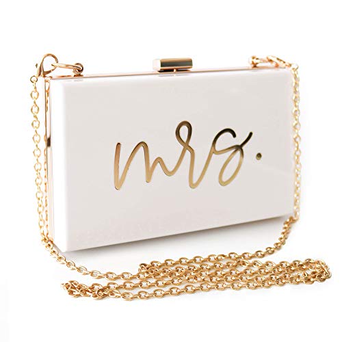ModParty Mrs Acryl Clutch Geldbörse | Brautparty, Verlobung & Flitterwochen Geschenk | Bride to be Accessoire | Crossbody mit abnehmbarer Kette | Weiß und Gold, Weiß von ModParty