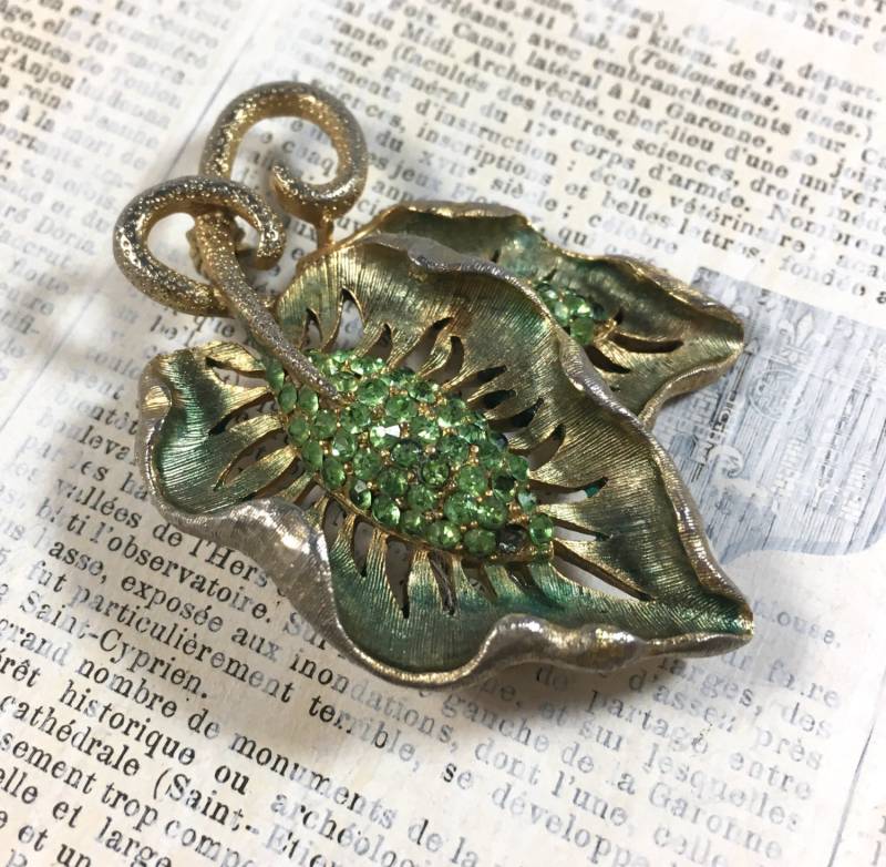 Vintage Grün Blumen Strassbrosche - Mod Midcentury Blätter Pflastern Pin von ModPops