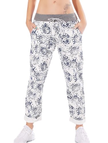 Moda Italia Damen Joggers Hose Sommerhose Freizeit Hose (Weiß/Blau 1) von Moda Italia