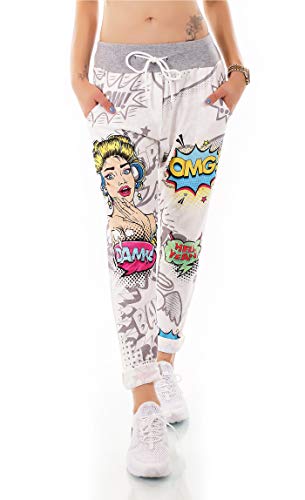 Moda Italia Damen Joggers Hose Sommerhose Freizeit Hose Comic Print (Grau) von Moda Italia