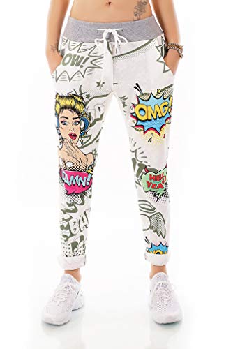 Moda Italia Damen Joggers Hose Sommerhose Freizeit Hose Comic Print (Grün) von Moda Italia