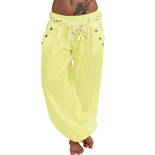 Italy Moda Haremshose Aladinhose Pumphosen Sommerhose Hose Strandhose Blume Gürtel (XS-L, Gelb Uni) von Italy Moda