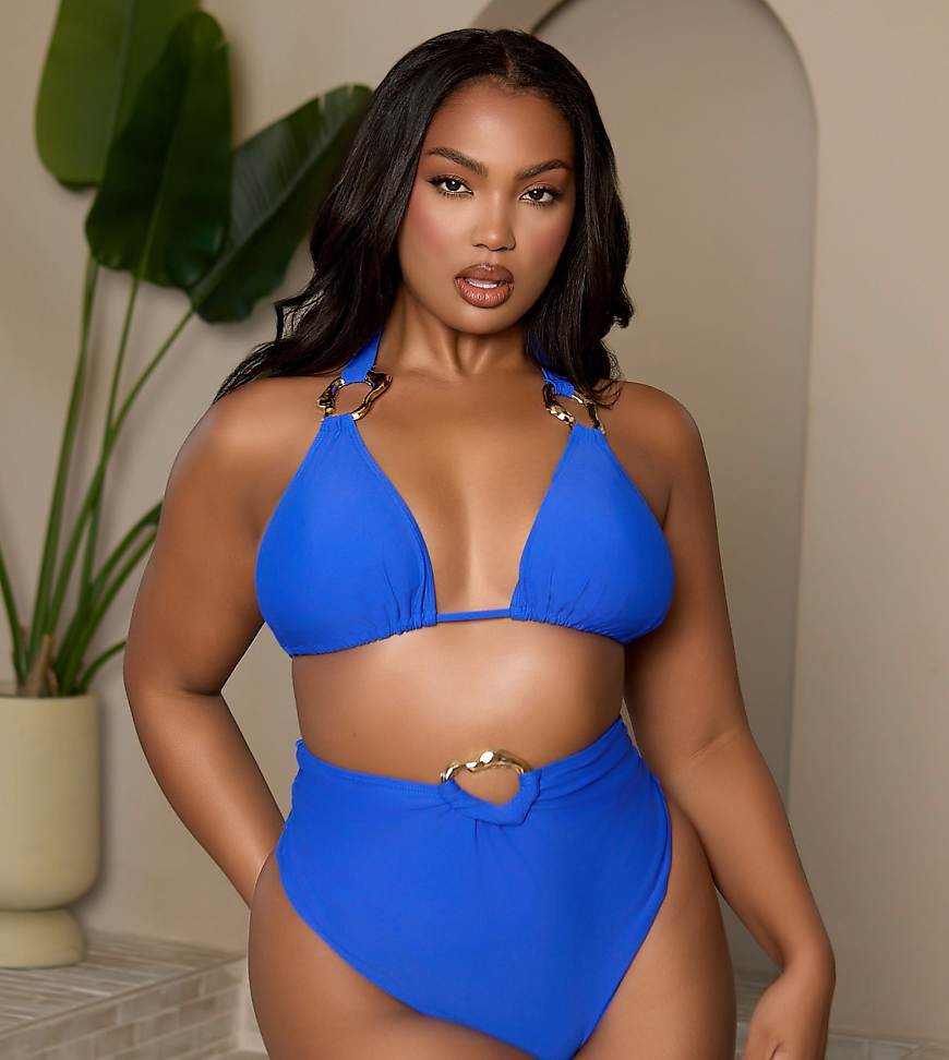 Moda Minx Curve x Bernadette Afia - Triangel-Bikinioberteil in Kobaltblau mit goldfarbenem Metallbesatz Moda Minx Curve x Bernadette Afia - Triangel-Bikinioberteil in Kobaltblau mit goldfarbenem Metallbesatz von Moda Minx