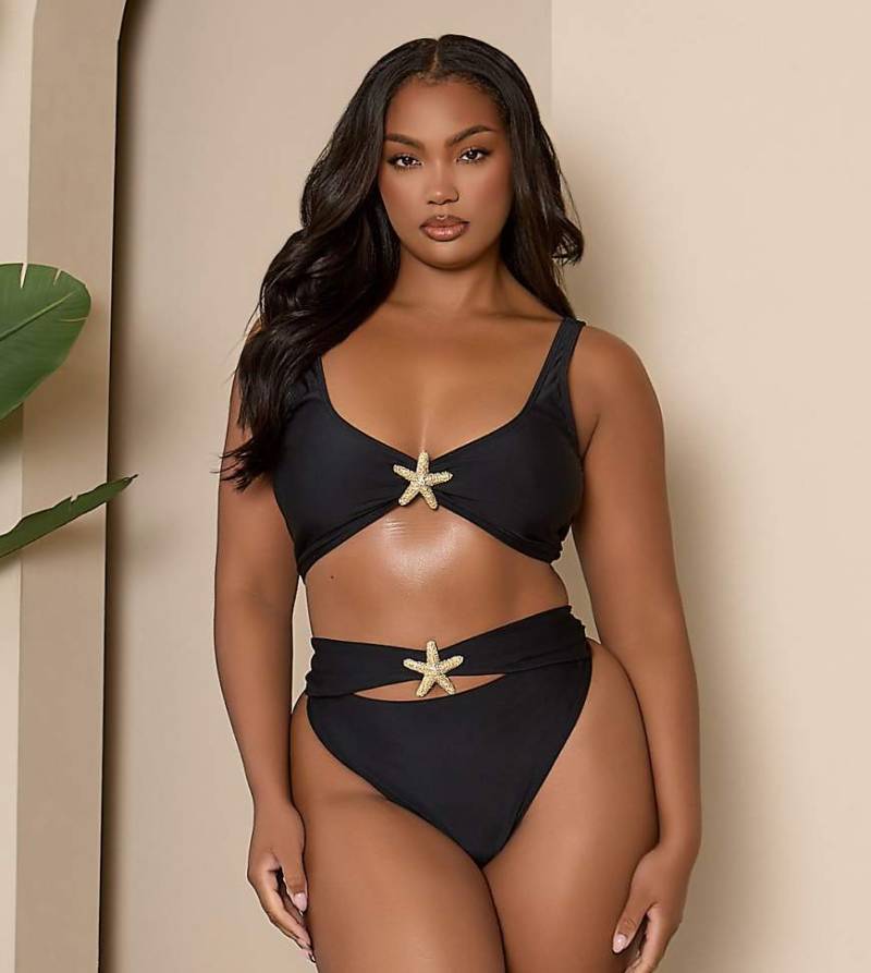 Moda Minx Curve x Bernadette Afia - Bikinihose in Schwarz mit Seestern-Detail von Moda Minx