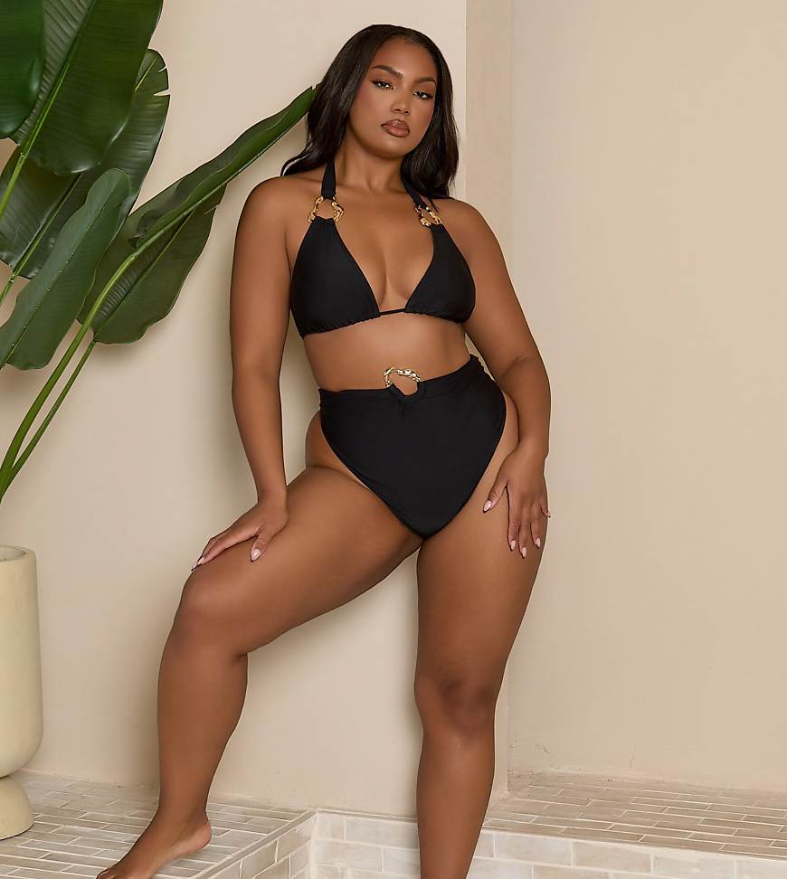 Moda Minx Curve x Bernadette Afia - Bikinihose in Schwarz mit goldfarbenem Metallbesatz von Moda Minx