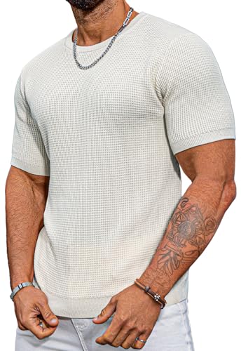 Moda Viva Lässiges Strick-T-Shirt für Herren, kurzärmelig, Waffelhemden, Rundhalsausschnitt, Sommerpullover, Weiss/opulenter Garten, XX-Large von Moda Viva