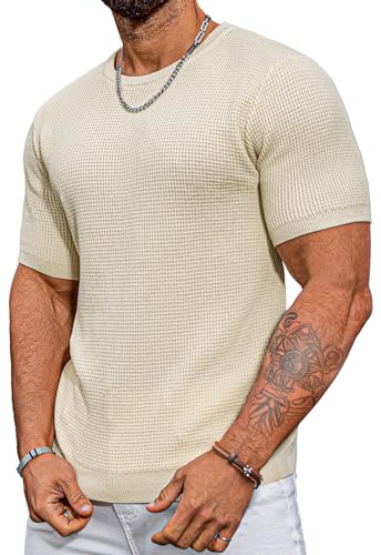Moda Viva Lässiges Strick-T-Shirt für Herren, kurzärmelig, Waffelhemden, Rundhalsausschnitt, Sommerpullover, aprikose, Klein von Moda Viva