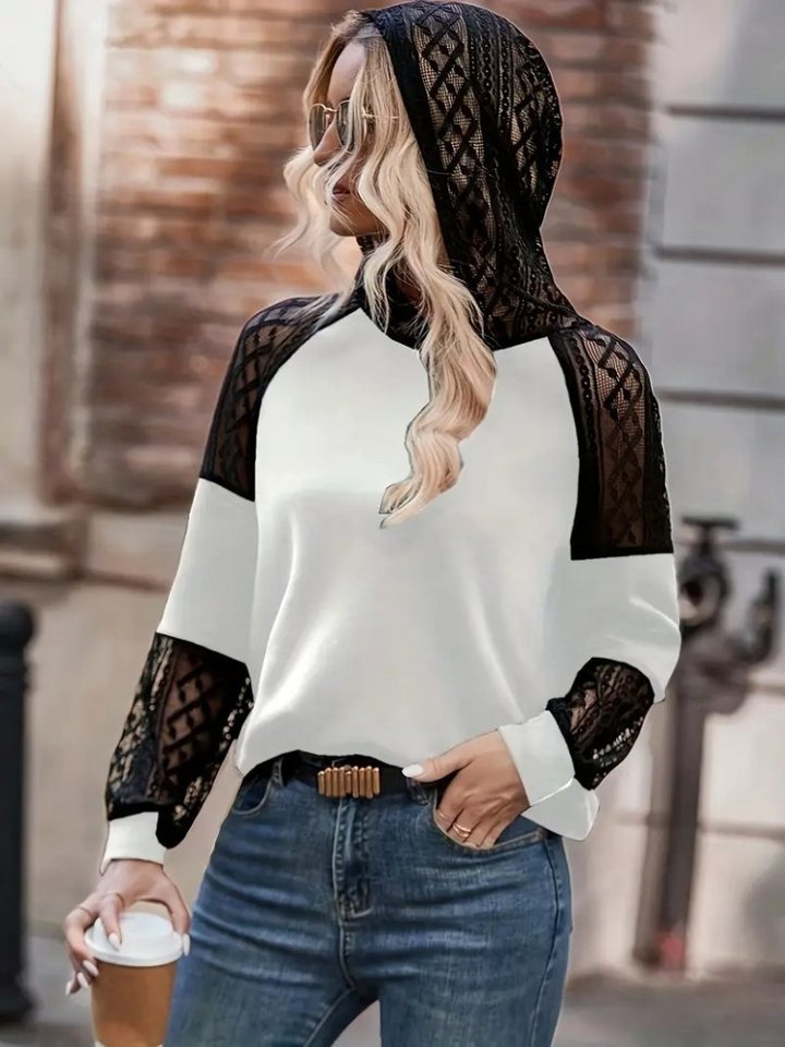 Moda Yakamoz Blusentop Damen Kapuzen-Viskose Zwei-Lagen Spitze Langarm-Bluse von Moda Yakamoz
