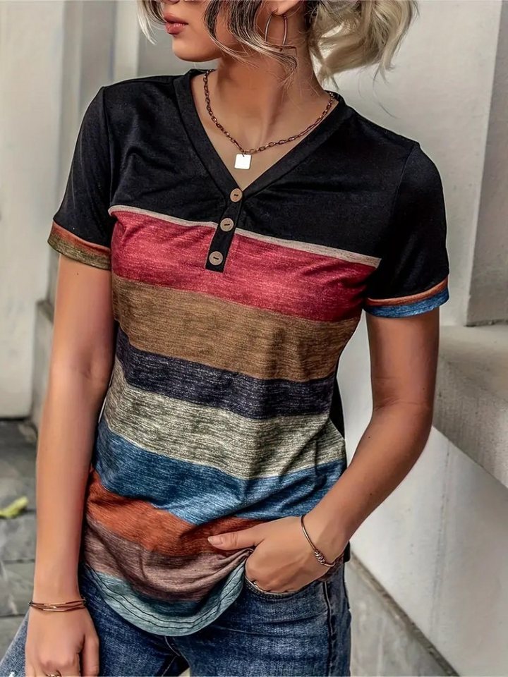 Moda Yakamoz Blusentop JANE'S Damen Kurzarm V-Ausschnitt Knopfleiste Mehrfarbige Jersey-Bluse von Moda Yakamoz