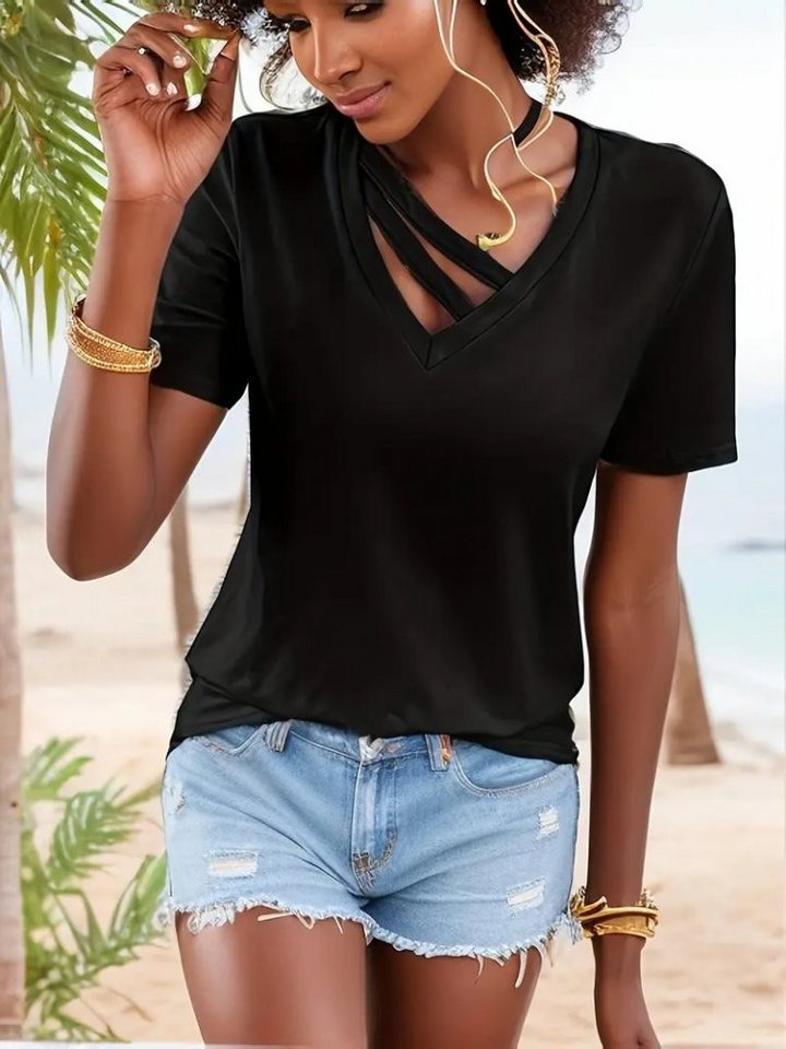 Moda Yakamoz Blusentop JANE'S Damen Kurzarm V-Ausschnitt Streifen Detail Viskose Bluse von Moda Yakamoz