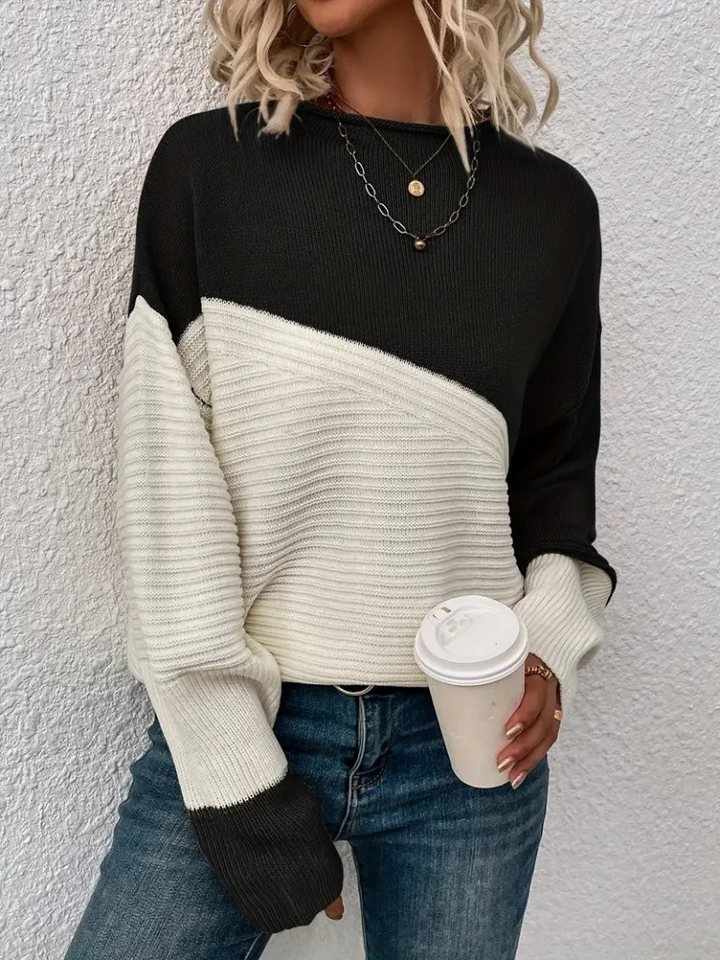 Moda Yakamoz Blusentop JANE'S Damen Langarm Blockmuster Strickbluse von Moda Yakamoz