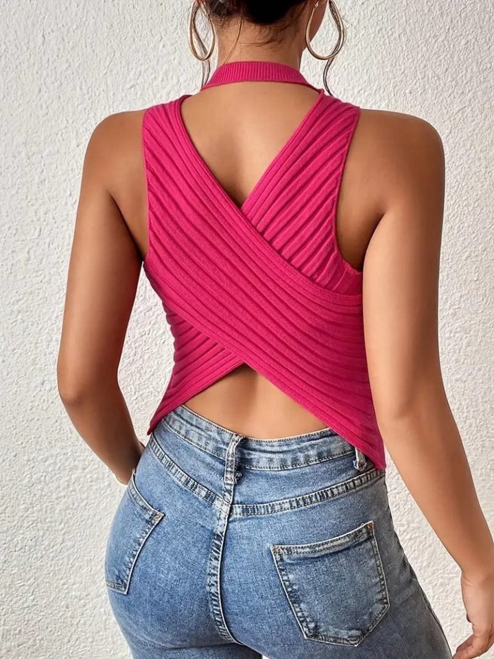 Moda Yakamoz Blusentop JANE'S Damen Null Ärmel Rücken Kreuz Detail Strickbluse von Moda Yakamoz