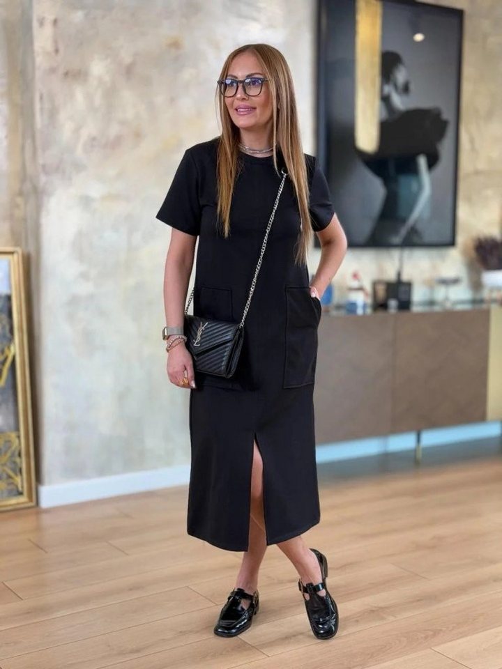 Moda Yakamoz Midikleid Damen Kurzarm Fahrradkragen Tasche Viskose Doppelgewinde Midi Kleid von Moda Yakamoz