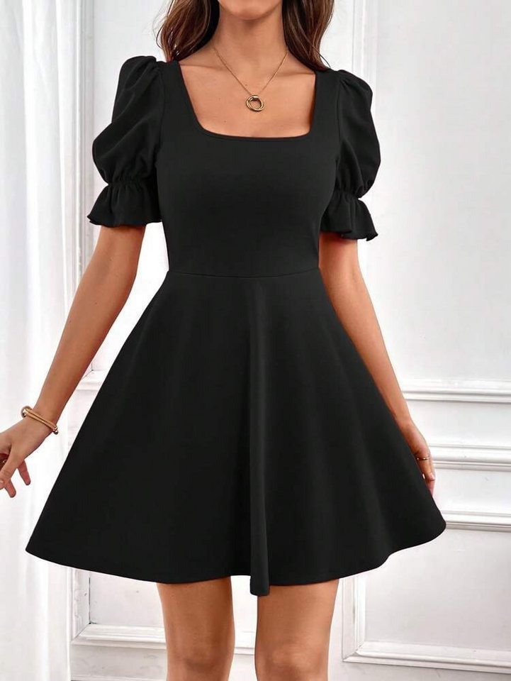 Moda Yakamoz Midikleid Damen Kurzarm Square Neck Flared Crepe Kleid von Moda Yakamoz