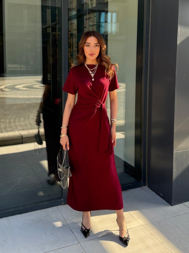 Moda Yakamoz Midikleid Damen Kurzarm Viskose Kleid mit Fahrrad-Ausschnitt und Seitentie - 2-l von Moda Yakamoz