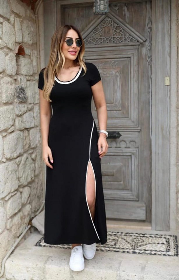 Moda Yakamoz Midikleid Damen Ripp Rundhals Maxikleid aus Viskose mit Schlitz von Moda Yakamoz