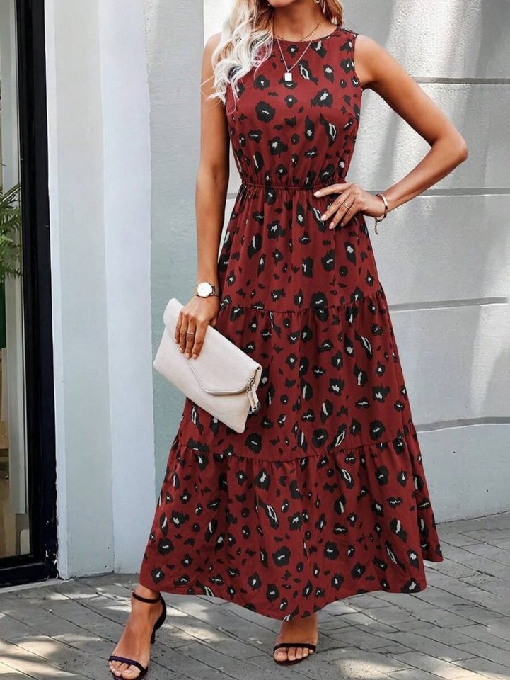 Moda Yakamoz Midikleid JANE'S Damen Ärmelloses Rundhals Muster Jersey Kleid von Moda Yakamoz