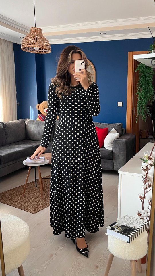 Moda Yakamoz Midikleid JANE'S Damen Kreppstoff Langarm Maxi Polka Dot Kleid 132 cm von Moda Yakamoz