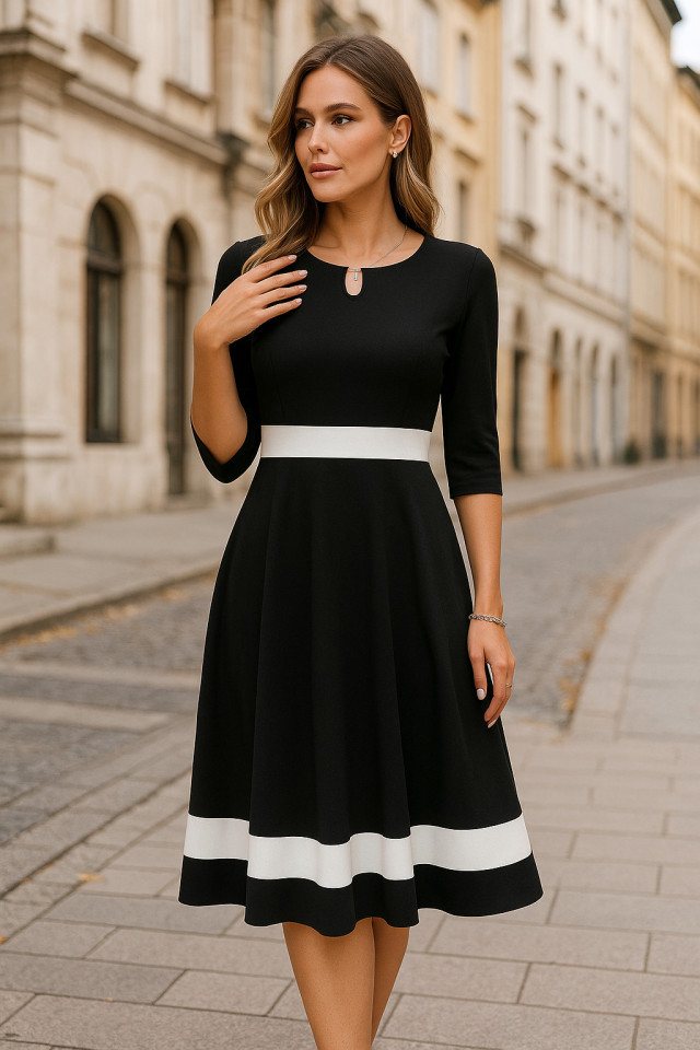 Moda Yakamoz Midikleid JANE'S Damen Kurzarm Offener Kragen Blockfarbe Crepe Midi Kleid von Moda Yakamoz