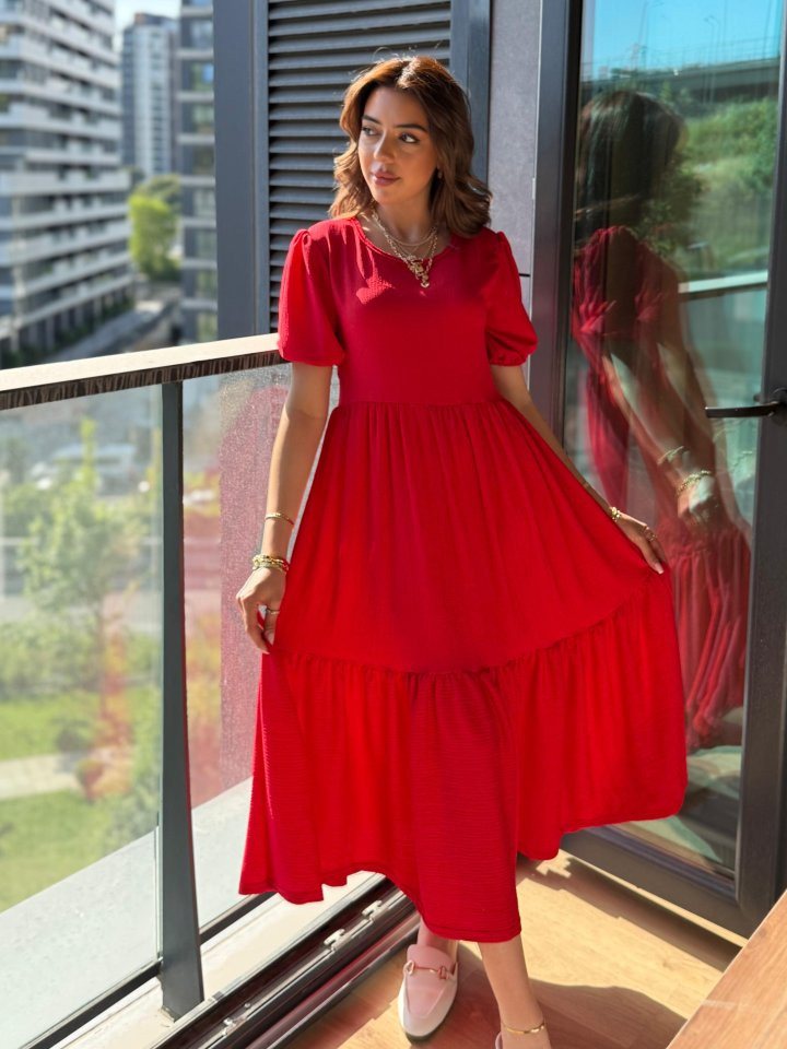 Moda Yakamoz Midikleid JANE'S Damen Kurzarm Offener Kragen Lagen Krepp Ballon Kleid von Moda Yakamoz