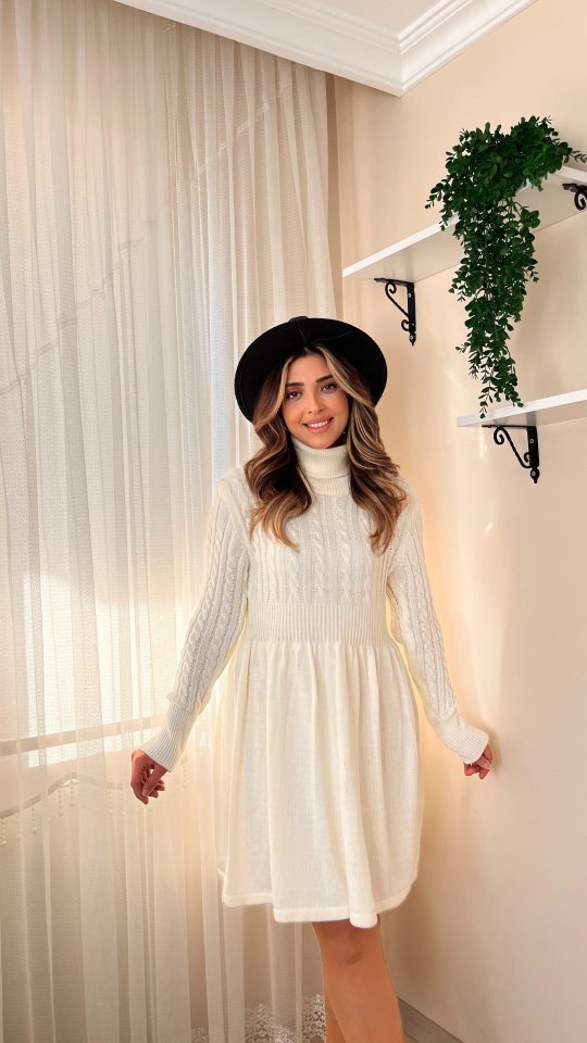 Moda Yakamoz Midikleid JANE'S Damen Langarm Rollkragen Taille Gesammelt Kurzes Strickkleid von Moda Yakamoz