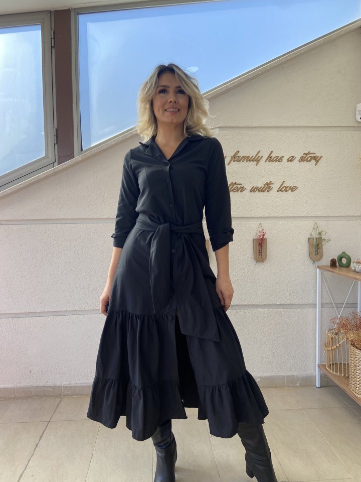 Moda Yakamoz Midikleid JANE'S Damen Langarm Rüschen Taillengürtel Strickkleid Maxi Hemd Kleid von Moda Yakamoz