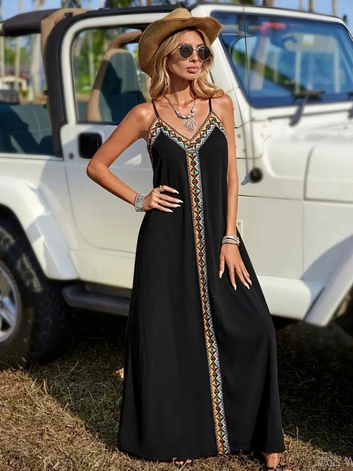 Moda Yakamoz Midikleid JANE'S Damen Trägerkleid V-Ausschnitt Ethno-Streifen Lang Viskose von Moda Yakamoz