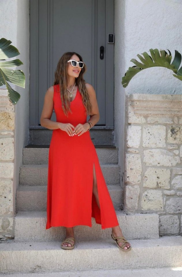 Moda Yakamoz Midikleid JANE'S Damen Trägerkleid V-Ausschnitt Schlitz Viskosekleid von Moda Yakamoz