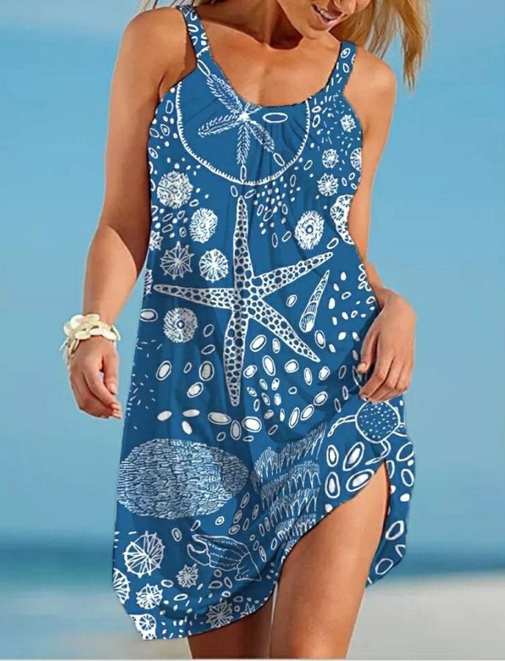 Moda Yakamoz Midikleid JANE'S Damen Trägerkleid mit Seestern-Muster, Single-Jersey von Moda Yakamoz